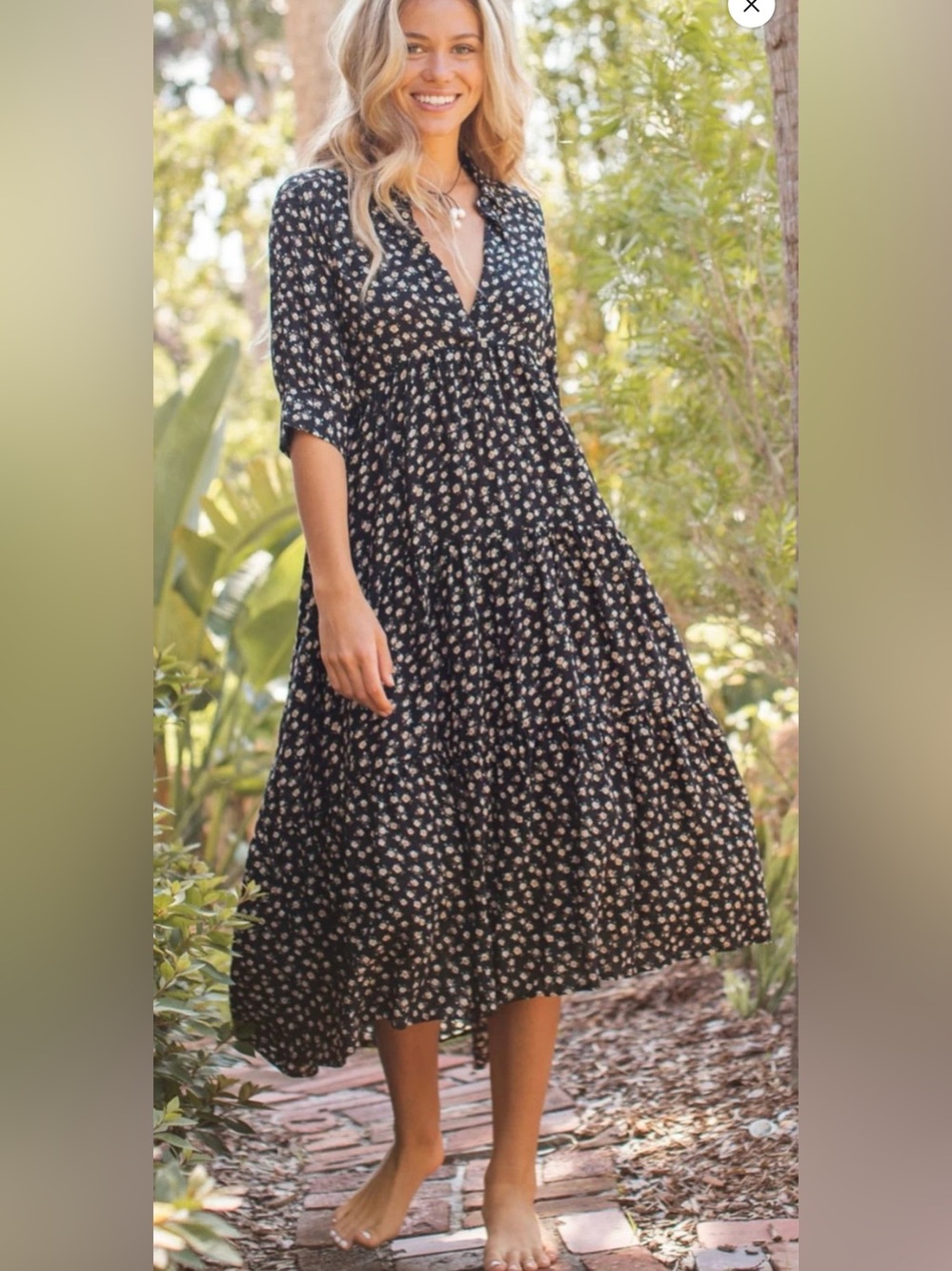 NATURAL LIFE Black Floral Midi Tiered Dress